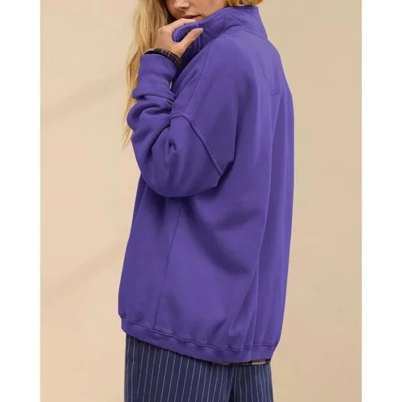 Women Purple Oversized Casual Long Sleeve Button Henley Neck Pullover Sweatshirt - Picture 3 of 5